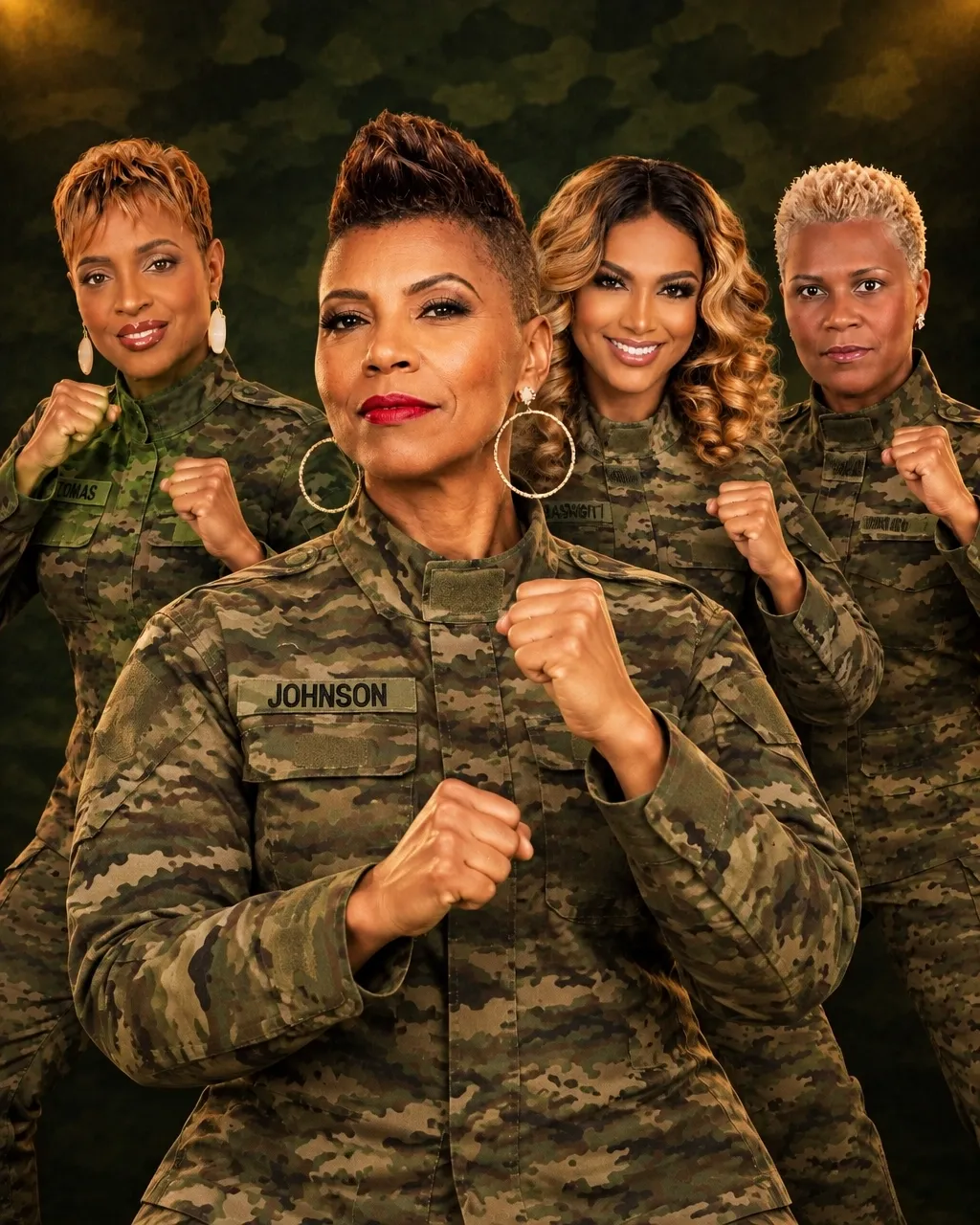 Four women in camouflage raising their fists for Women at War 2026