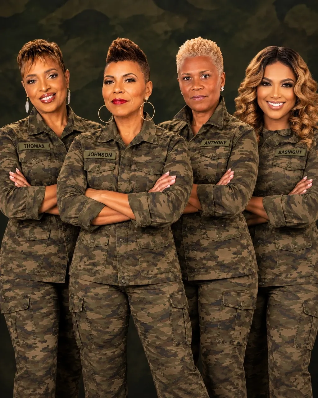 Four women in camouflage standing together with their arms crossed