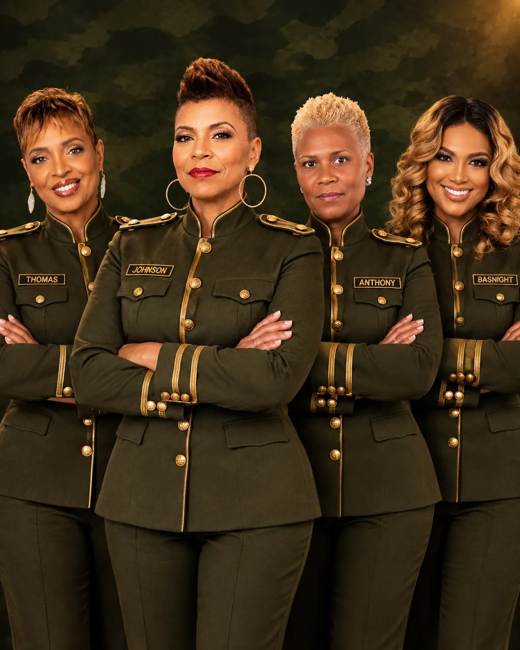 Four church leaders in olive military-style jackets standing together